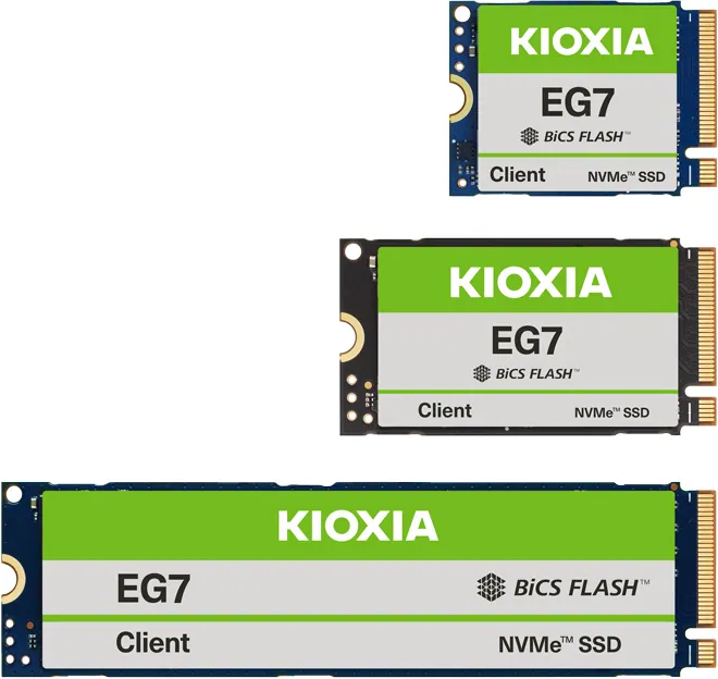 Kioxia EG7 SSD lineup featuring compact and full size M.2 NVMe SSD variants on white background