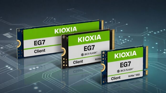 Three Kioxia EG7 SSD drives displayed in different M.2 form factors on a circuit board background