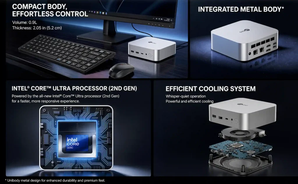 Lenovo Lecoo AI Mini Pro feature highlights showing Intel Core Ultra processor cooling system and compact body
