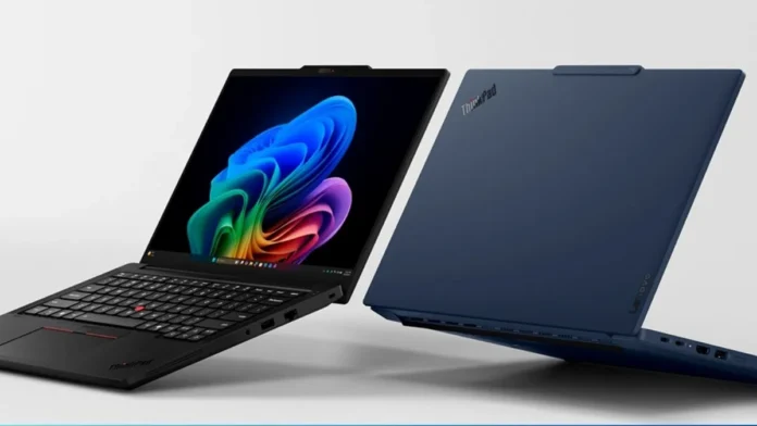 Lenovo ThinkPad T14 Gen 7 laptops in black and blue showing front and rear design