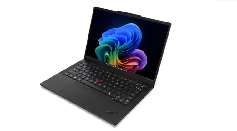 Lenovo ThinkPad T14s Gen 7 laptop angled front view showing 14 inch display with Windows wallpaper, black chassis, backlit keyboard, red TrackPoint, and large precision trackpad