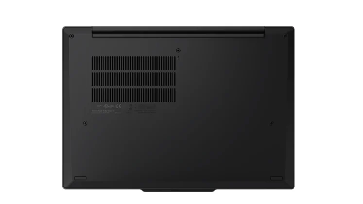 Lenovo ThinkPad T14s Gen 7 bottom view showing ventilation grills, screws layout, rubber feet, and internal cooling airflow design