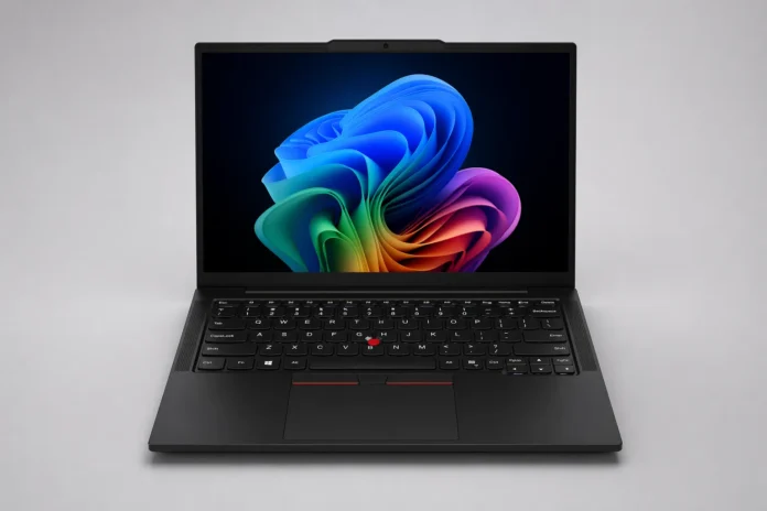 Lenovo ThinkPad T14s Gen 7 straight front view showing 14 inch display with Windows wallpaper, thin bezels, webcam module, keyboard with TrackPoint, and large trackpad