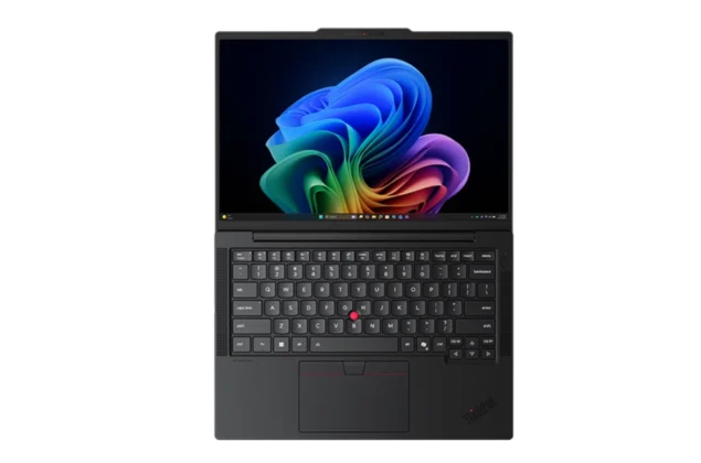 Lenovo ThinkPad T14s Gen 7 top view showing full size keyboard layout, red TrackPoint, dual speakers, large trackpad with physical buttons, and centered display