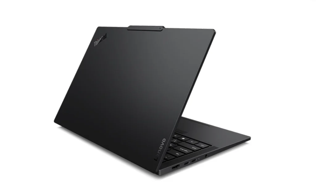 Lenovo ThinkPad T14s Gen 7 angled rear side view showing slim chassis, hinge design, and side ports including USB Type C and USB Type A connectivity