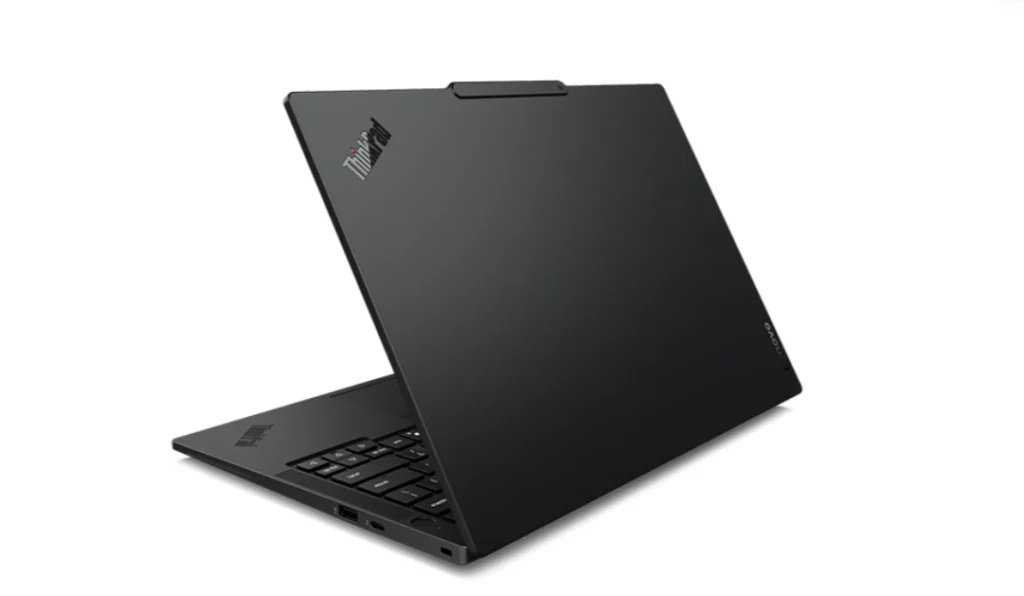 Lenovo ThinkPad T14s Gen 7 rear lid view showing matte black finish, ThinkPad logo, Lenovo branding, and raised hinge camera housing