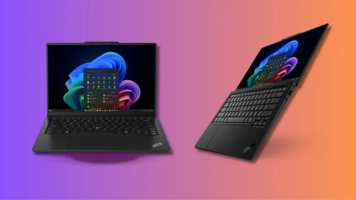 Lenovo ThinkPad X1 Carbon Gen 14 laptop shown in front and angled positions with slim black chassis and display