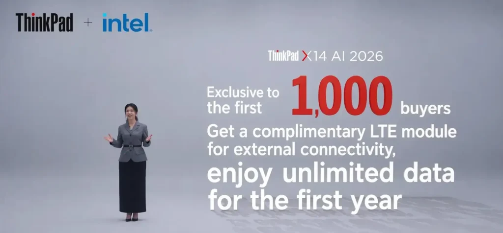 Lenovo ThinkPad X14 AI 2026 promotional slide showing offer for first 1000 buyers with complimentary LTE module and one year unlimited data plan