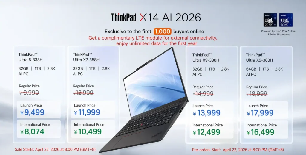 Lenovo ThinkPad X14 AI 2026 pricing chart showing multiple configurations with Intel Core Ultra processors, RAM and storage options, and launch prices