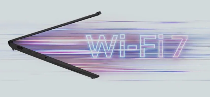 Lenovo ThinkPad X14 2026 laptop side profile with Wi Fi 7 text and motion streak graphics highlighting next generation wireless connectivity and high speed data transfer