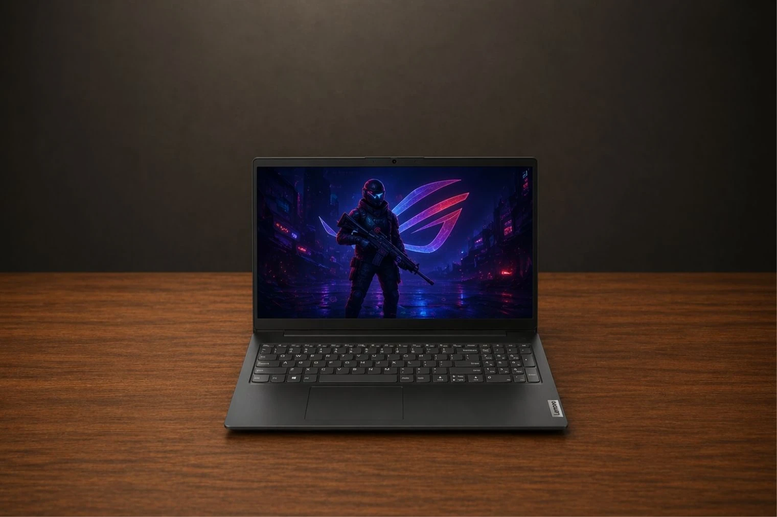 Lenovo V15 Gen 4 laptop shown from the front with display on, full keyboard layout, and clean business design on desk.