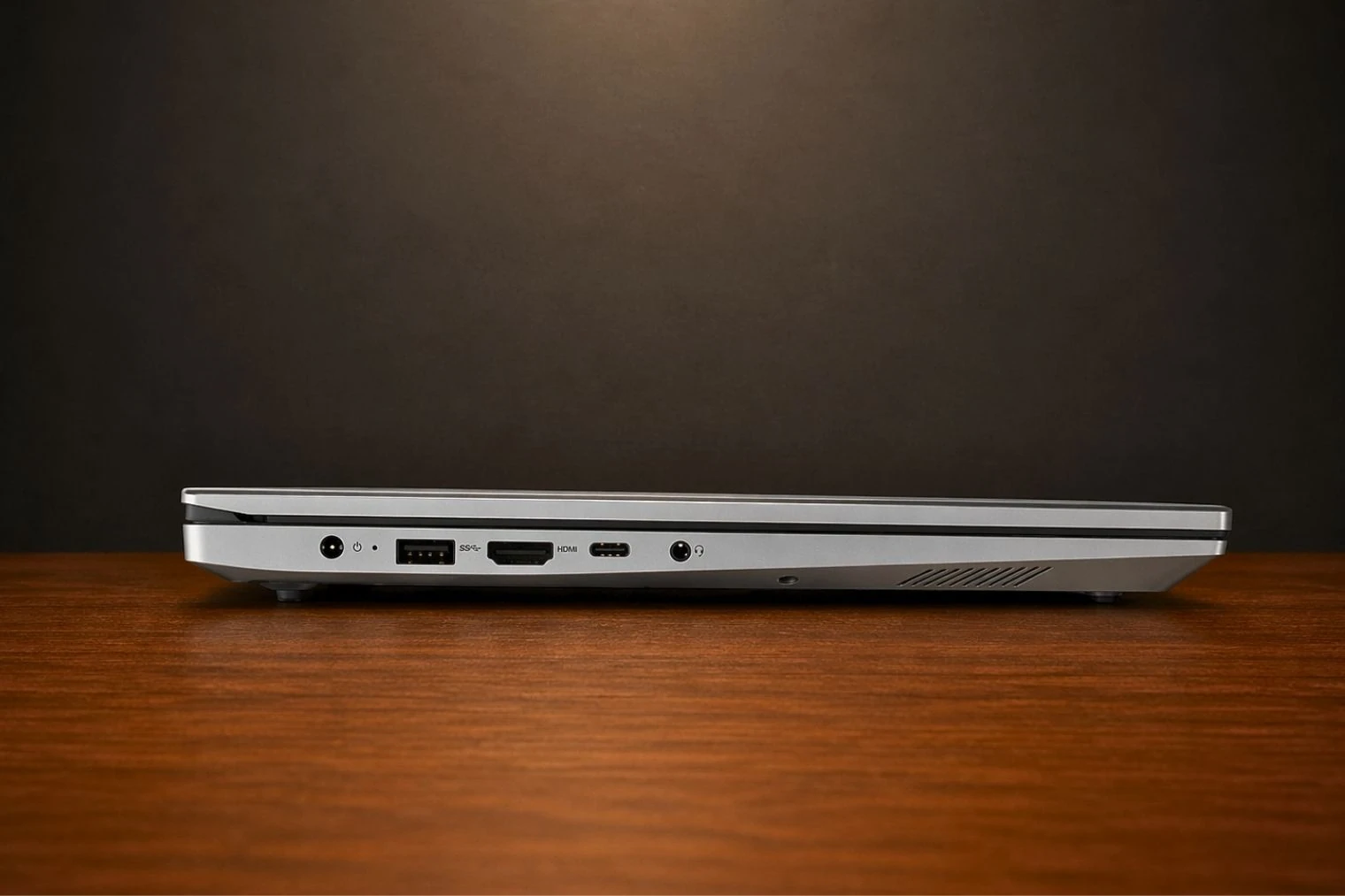 Opposite side of Lenovo V15 Gen 4 showing additional ports, vents, and slim profile design.