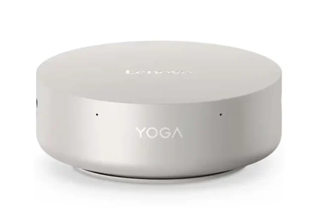 Front angled view of Lenovo Yoga Mini i Gen 11 mini PC with Yoga branding and metallic finish