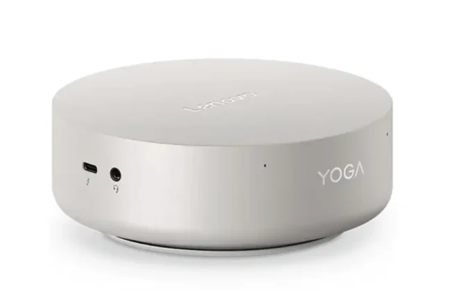 Side closeup of Lenovo Yoga Mini i Gen 11 mini PC showing USB-C and headphone jack