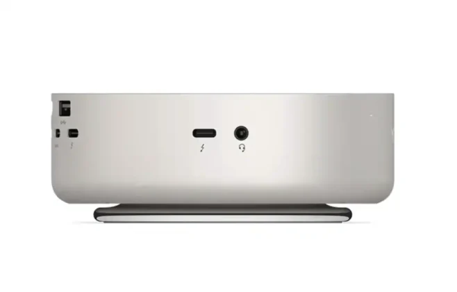 Side profile of Lenovo Yoga Mini i Gen 11 mini desktop PC with sleek aluminum body