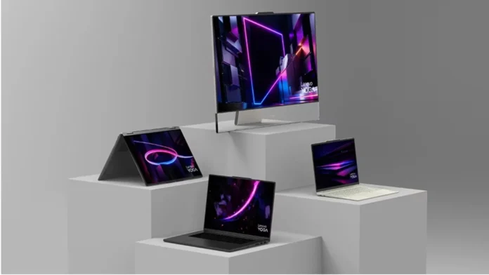 Lenovo Yoga Pro 9i lineup showing laptop convertible and all-in-one devices on display platforms