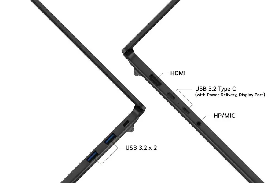 LG gram 2026 side view showing HDMI USB Type C with power delivery USB 3.2 ports and headphone jack
