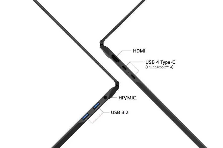 LG gram 2026 side profile showing HDMI USB4 Thunderbolt 4 USB 3.2 and headphone jack ports