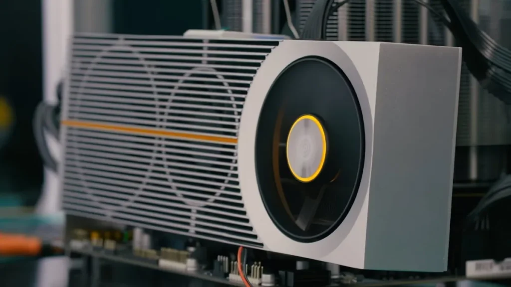 Lisuan 7G100 graphics card showing cooling system with fan and heatsink design