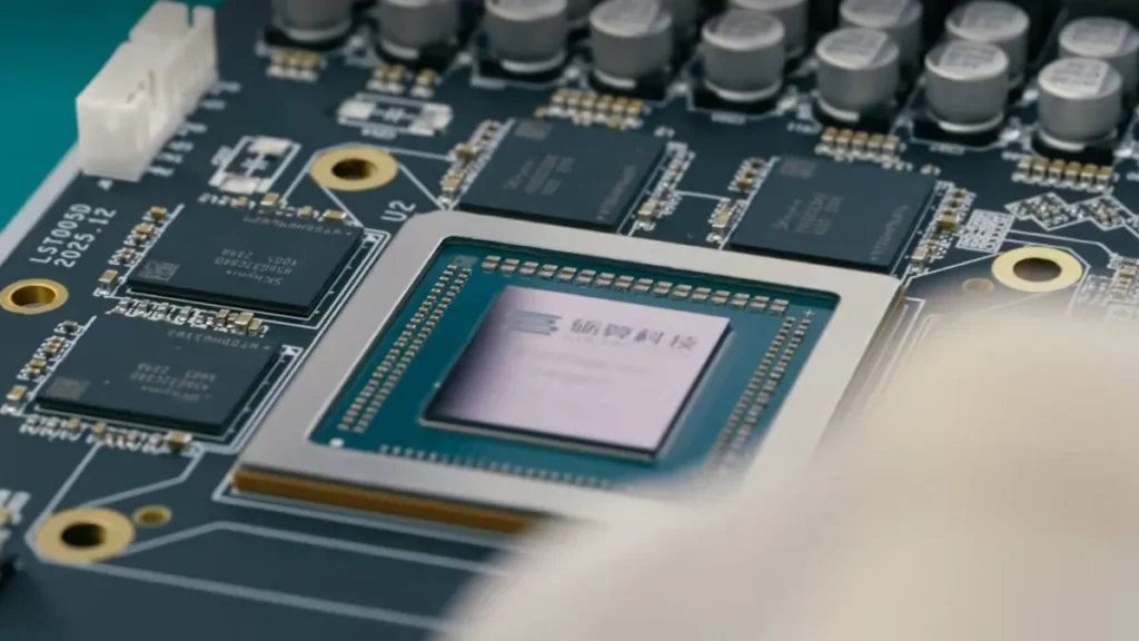 Lisuan 7G100 TrueGPU 6nm chip close-up showing GPU die and memory modules