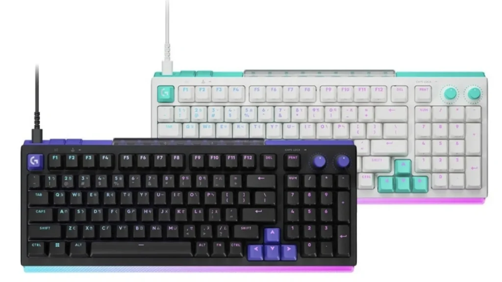 Logitech G512 X keyboard shown in black and white variants with RGB lighting and dual control knobs
