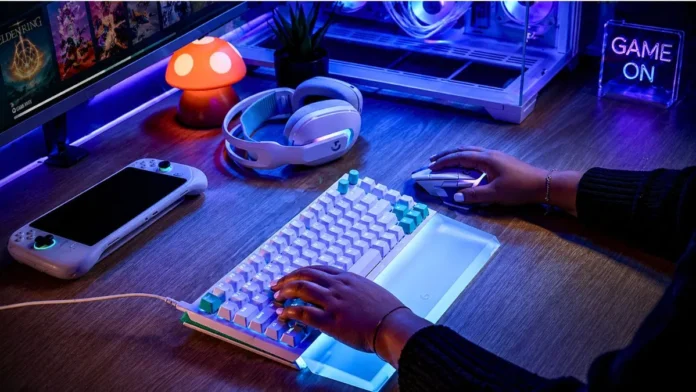 Logitech G512 X keyboard in use with RGB lighting gaming setup mouse headset and desk accessories