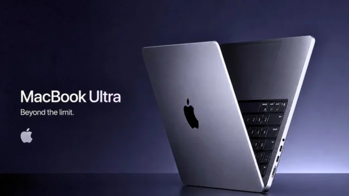 MacBook Ultra concept laptop shown in side angle with slim profile Apple logo and keyboard partially visible