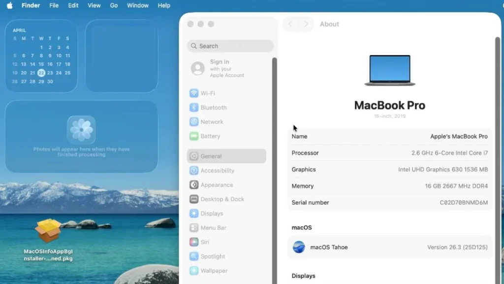 macOS system settings window showing MacBook Pro specifications including Intel processor details alongside macOS Tahoe version, highlighting transition away from Intel Macs