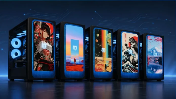 Maingear MG-1 MkII gaming desktop lineup showing customizable front panel displays with different visual themes