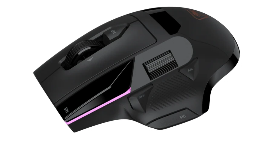 MC5 gaming mouse angled view showing ergonomic right handed design with multiple programmable side buttons, textured grip, scroll wheel, and RGB lighting strip