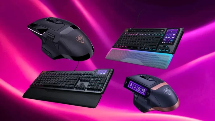 Gaming peripherals lineup featuring MC5 and MC7 mice along with KB5 and KB7 keyboards showing RGB lighting, display screens, and modern design on gradient background