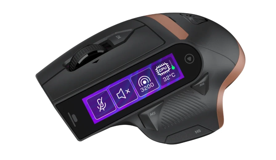 MC7 gaming mouse featuring built in color display showing DPI settings, CPU temperature, mute status, and performance indicators with side buttons and premium finish
