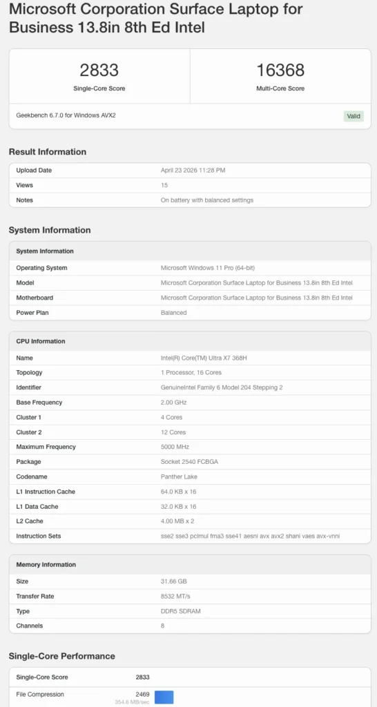 Microsoft Surface Laptop 8 benchmark details showing Intel Core Ultra processor specifications in balanced power mode