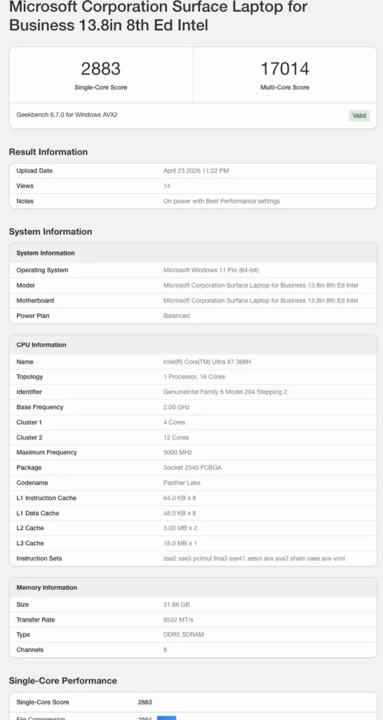 Microsoft Surface Laptop 8 benchmark details showing improved CPU scores in performance power mode