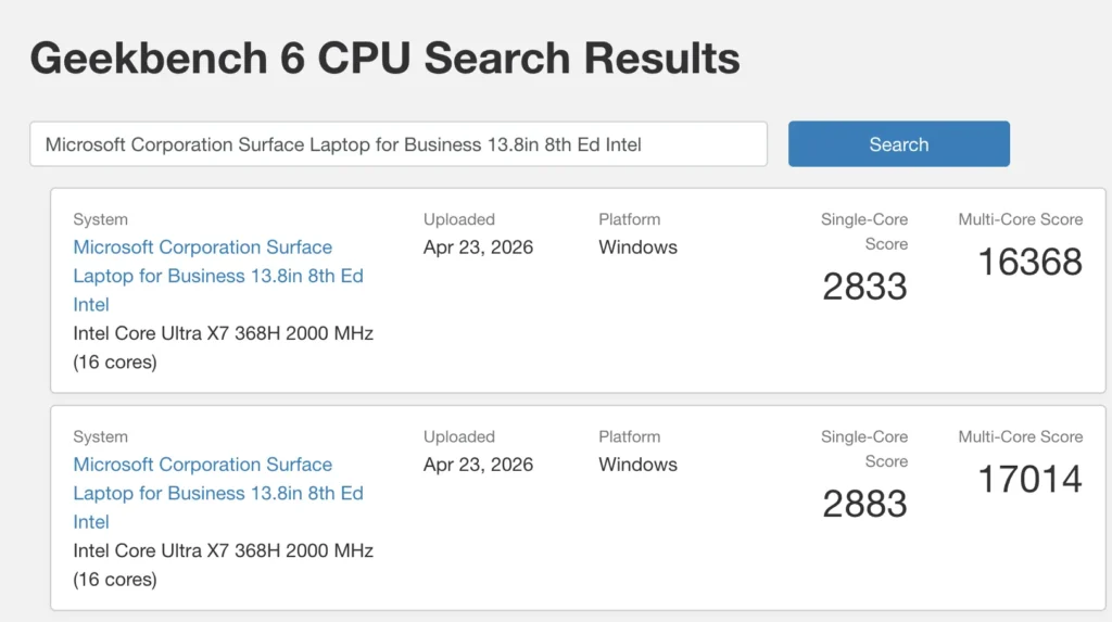 Microsoft Surface Laptop 8 Geekbench results showing single core and multi core performance scores