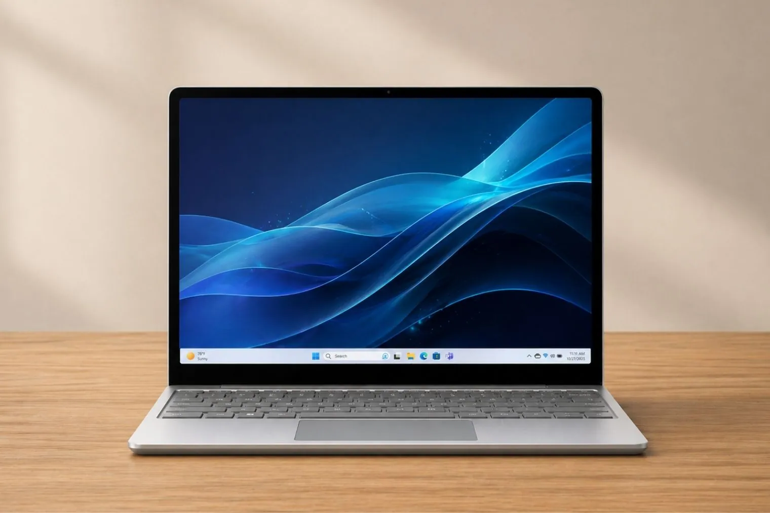 Microsoft Surface Laptop Go 3 front view showing 12.4-inch touchscreen display with slim bezels and compact keyboard.