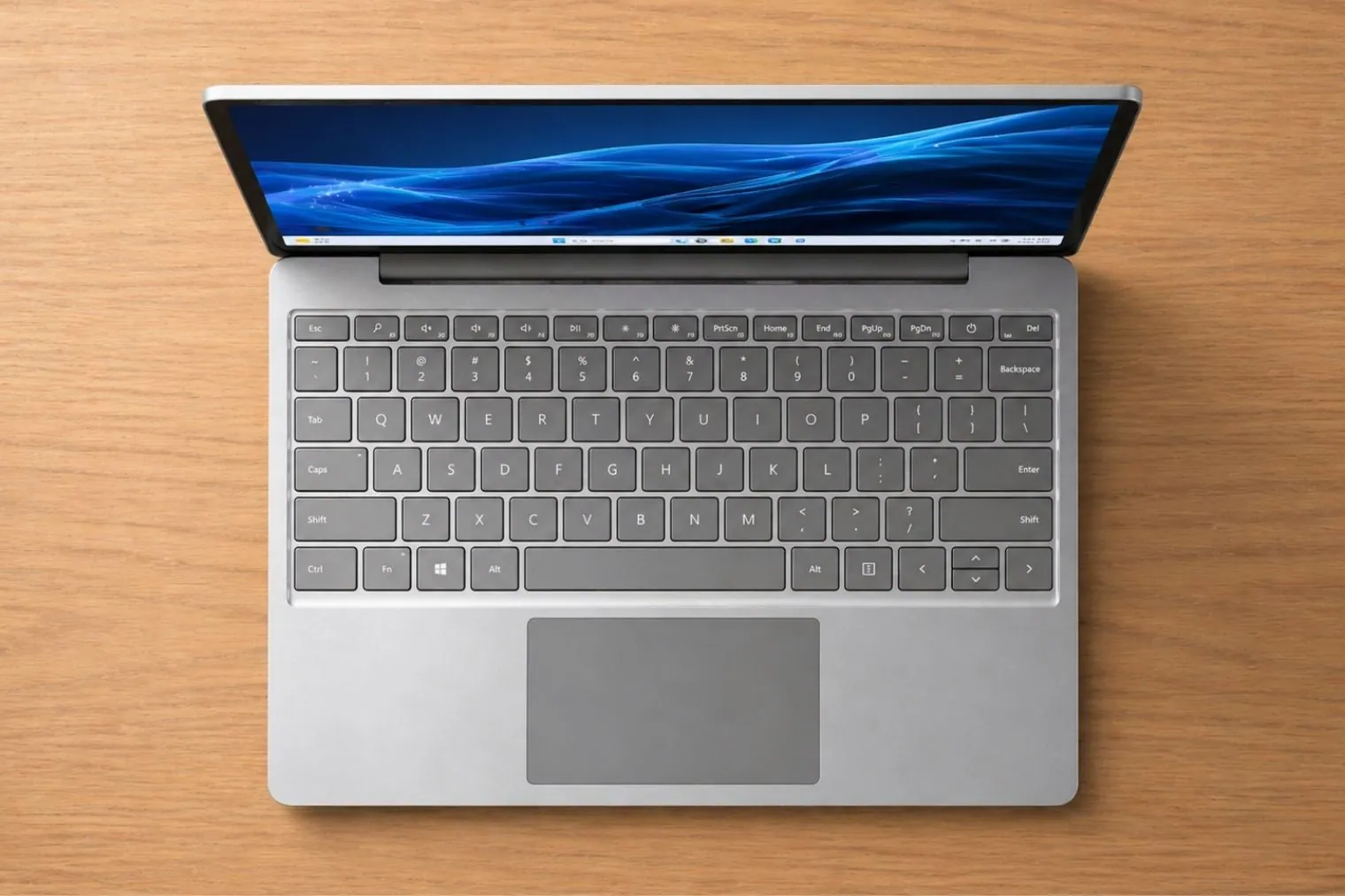 Top-down view of Microsoft Surface Laptop Go 3 showing full-size keyboard, large trackpad, and clean layout.