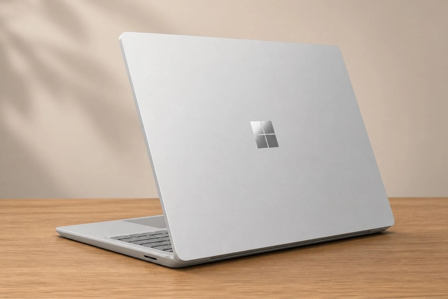 Rear view of Microsoft Surface Laptop Go 3 with matte finish and centered Windows logo.