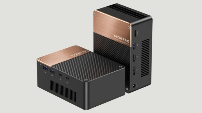 Morefine G2 external GPU shown in horizontal and vertical positions highlighting compact metal design