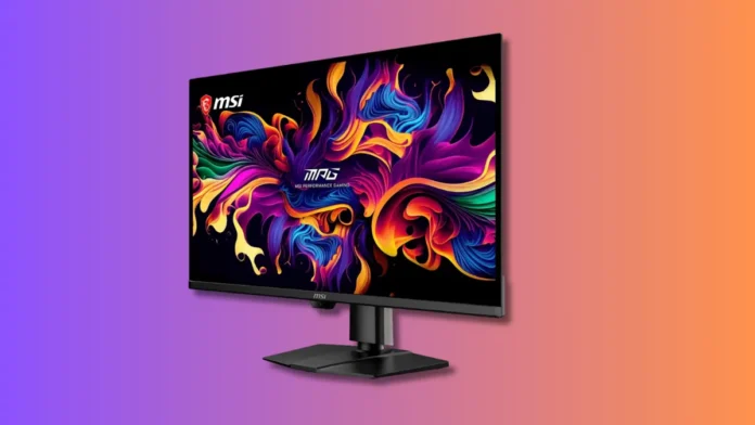 MSI 32-inch 4K 240Hz QD-OLED gaming monitor shown at an angle with vibrant display