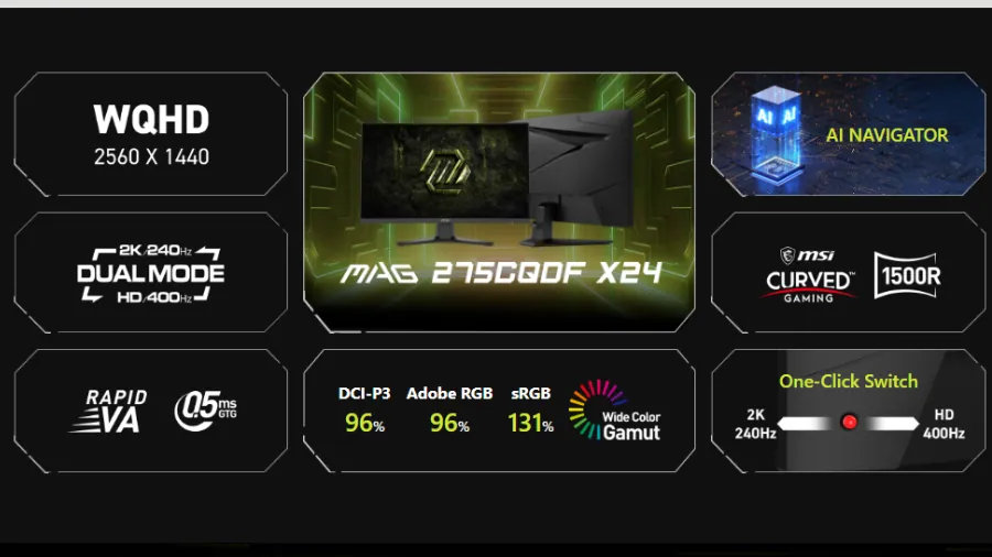MSI MAG 275CQDF X24 monitor with WQHD dual-mode 240Hz and 400Hz features