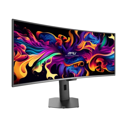 MSI MPG 341CQR X36 monitor shown from angled side highlighting curved panel and stand design