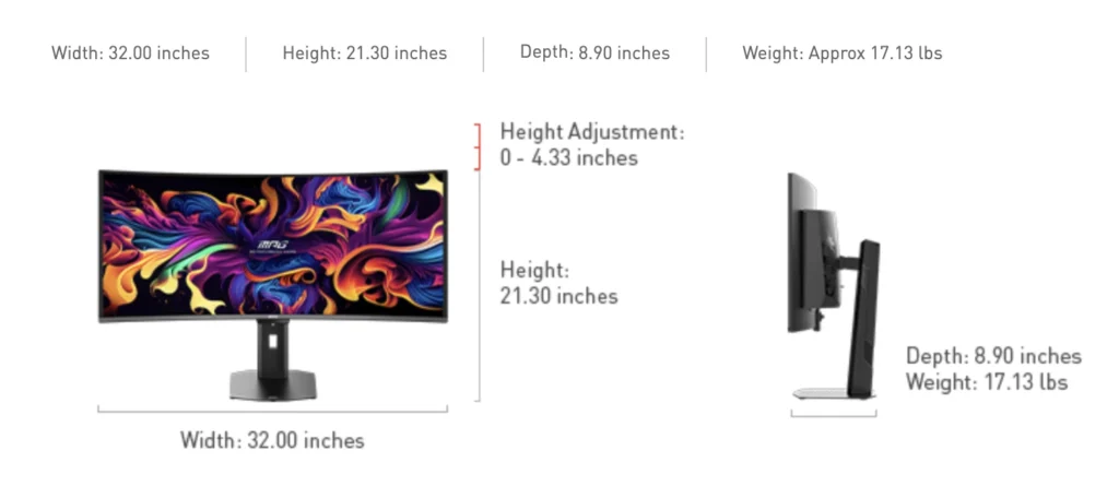 MSI MPG 341CQR X36 monitor showing width height depth weight and adjustable stand height range