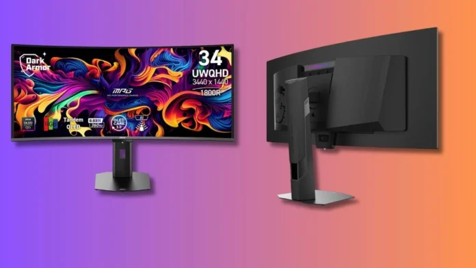 MSI MPG 341CQR X36 curved gaming monitor showing front display and rear panel design with stand
