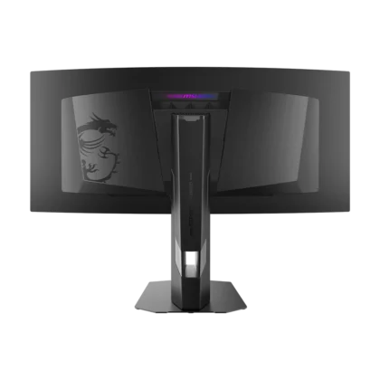 MSI MPG 341CQR X36 rear panel showing gaming aesthetic with logo and central stand mount