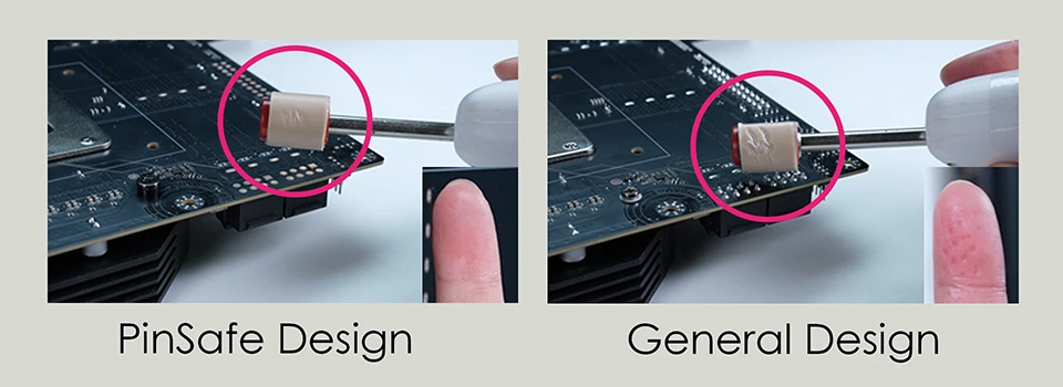 MSI PinSafe motherboard real-world test showing cleaner pin area compared to general design during solder process