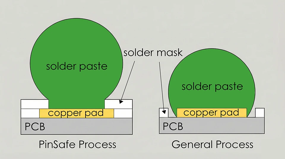 MSI PinSafe motherboard diagram comparing solder paste placement and copper pad design versus general process