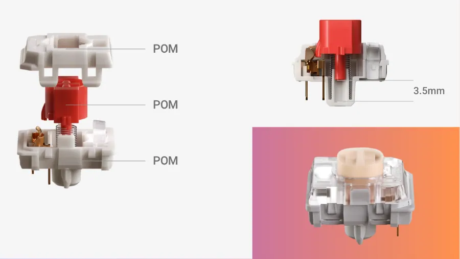 NuPhy keyboard switch structure with POM components and 3.5mm key travel