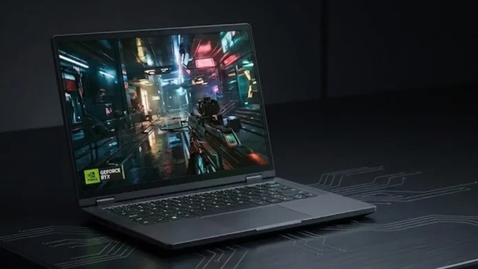 Gaming laptop showcasing NVIDIA GeForce RTX graphics running a high-performance game