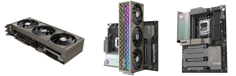 PhantomLink graphics card shown in horizontal and vertical mounting styles with triple fan cooling and connector interface